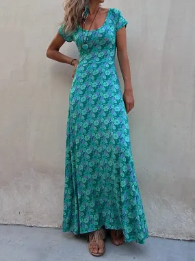 Kurzärmliges, elastisches, hohles, wendbares Maxikleid mit U-Ausschnitt und Blumenmuster